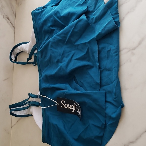 SouqFone Ruffled Flounce Top High Waisted Bikini Set in Blue Green Leaf Size L - Picture 10 of 16